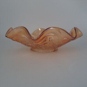 Vintage Marigold Carnival Glass Bowl With Floral Pattern & Scalloped Edge